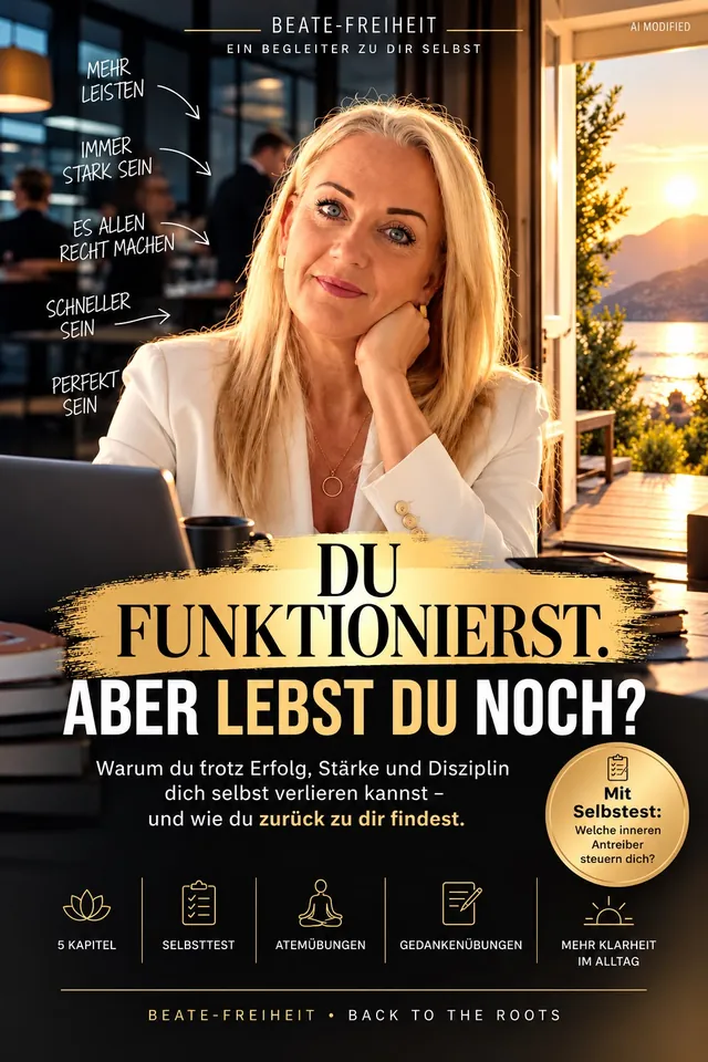 Cover des E-Books „Du funktionierst. Aber lebst du noch?“ mit Beate am Schreibtisch